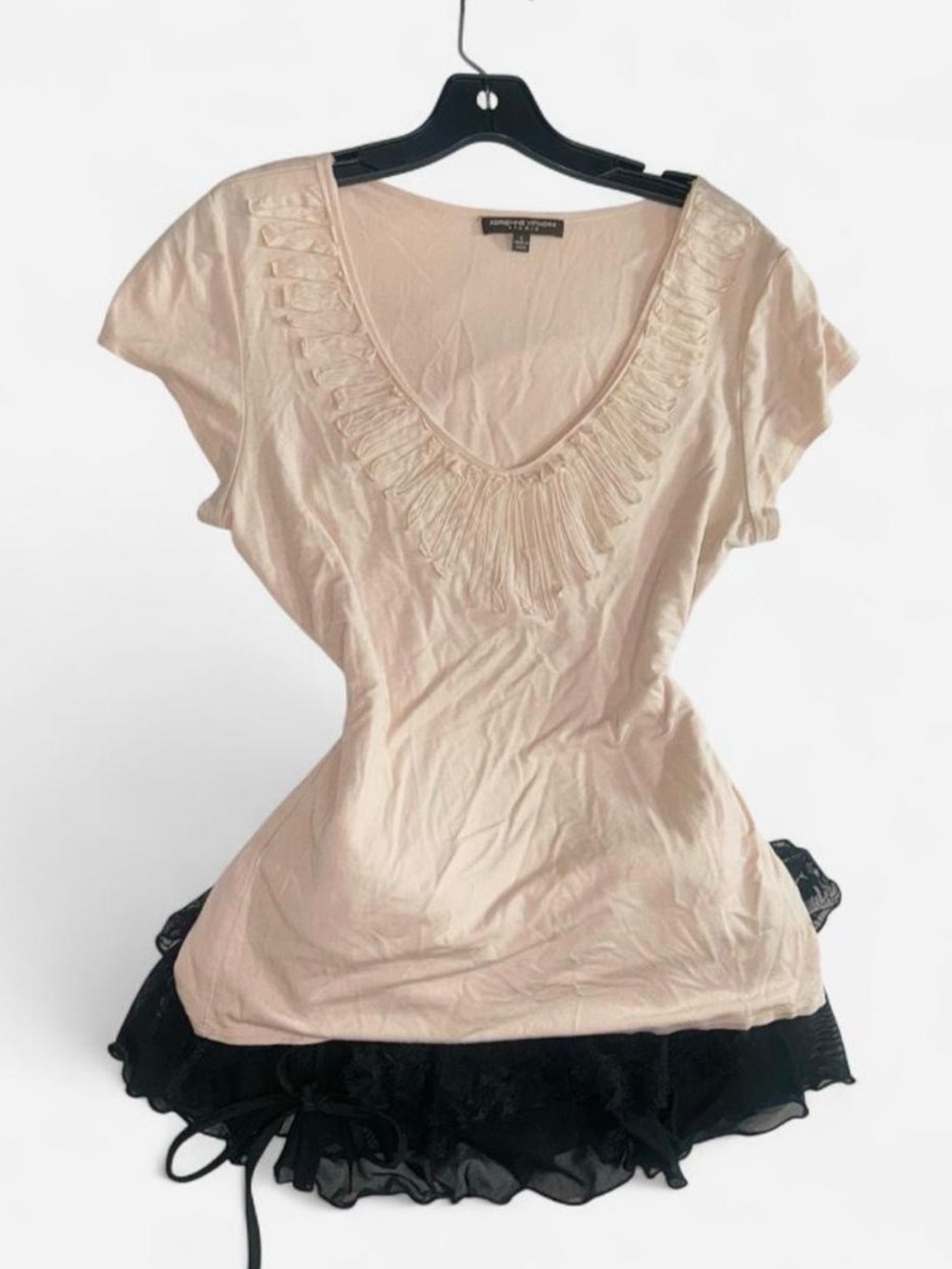 Beige Short-Sleeve V-Neck Top with Ruffle Trim